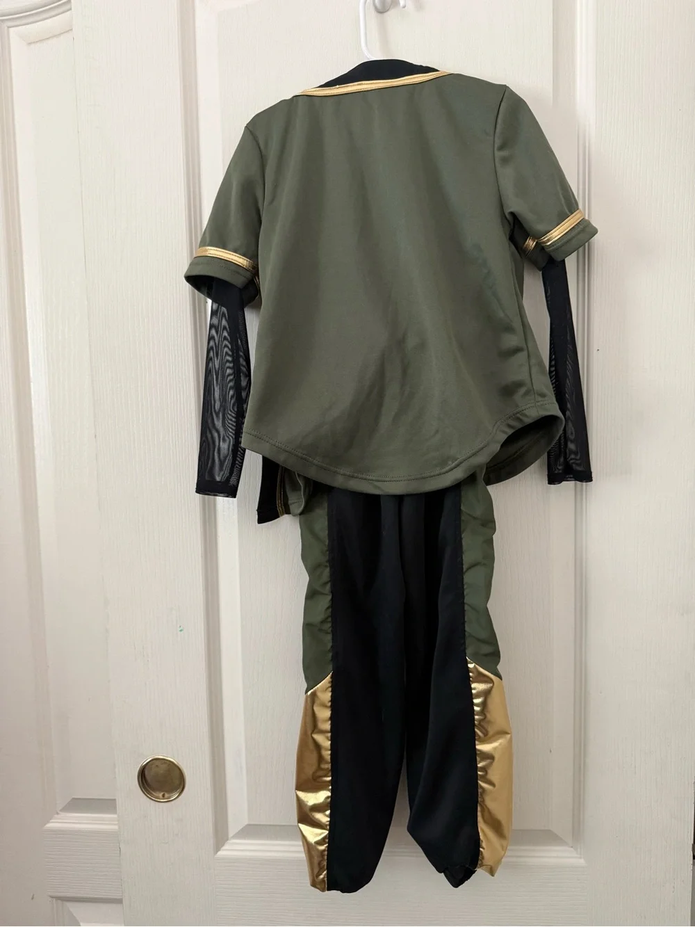 Weissman Black Jumpsuit with Olive Panels and Gold Accents